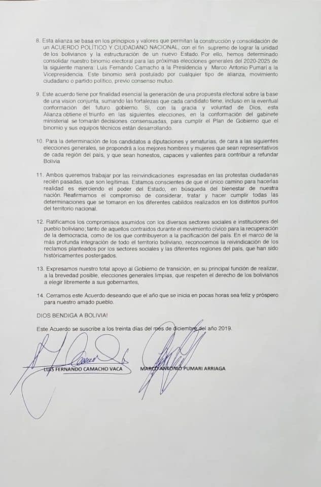 Superan las infidencias, Camacho y Pumari serán binomio en las elecciones 2 ACUERDO 2