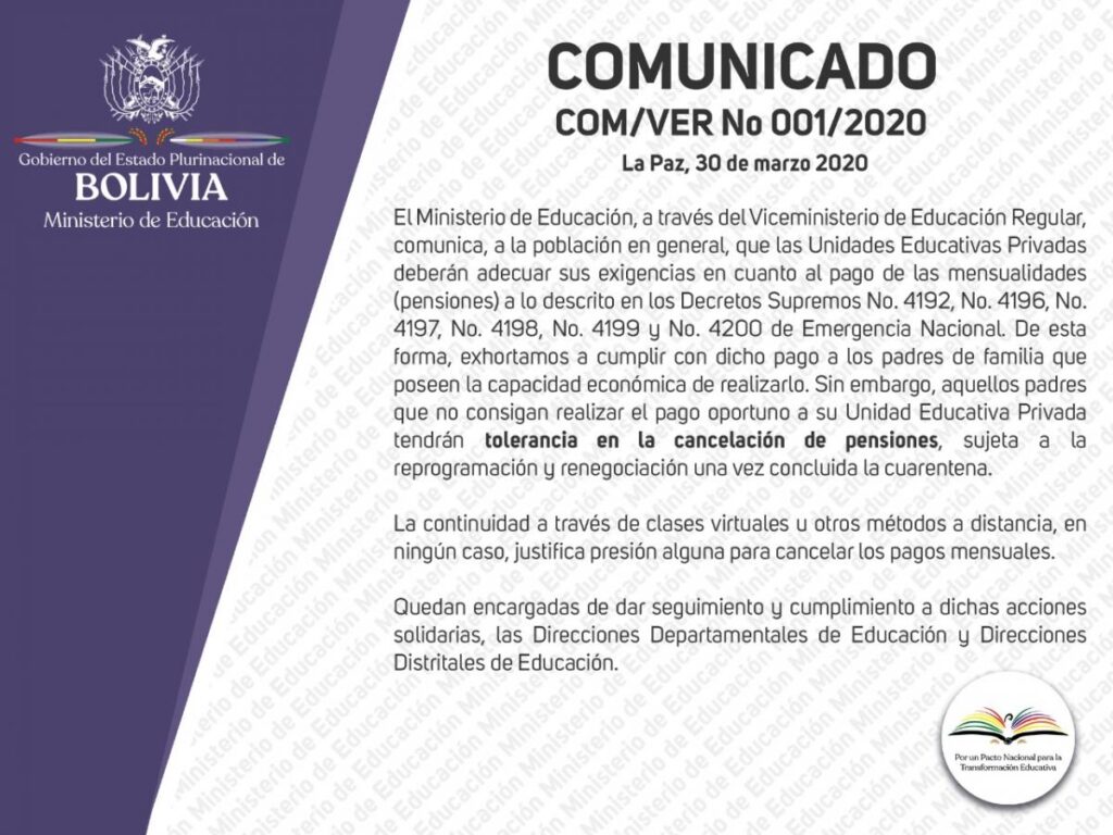 Disponen tolerancia en el pago de pensiones y evitar sobrecarga de tareas 1 comunicado pensiones 1