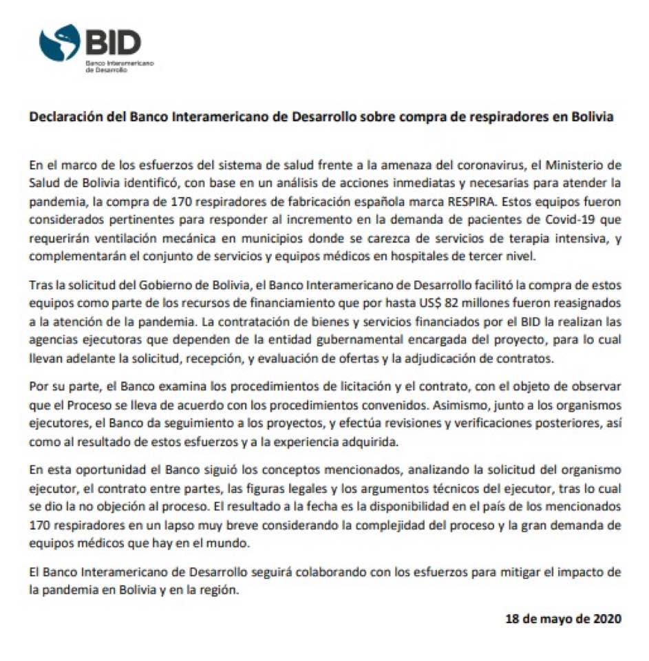 Gobierno niega sobreprecio en compra de respiradores y el BID avala el proceso de adquisición 1 BID