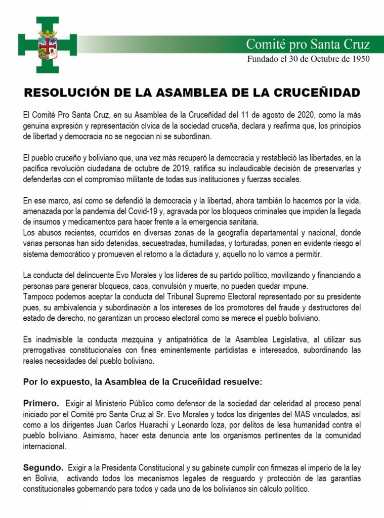 Asamblea de la Cruceñidad pide renuncia de Salvador Romero y da 48 horas al Gobierno para desbloquear 1 COMITE 1