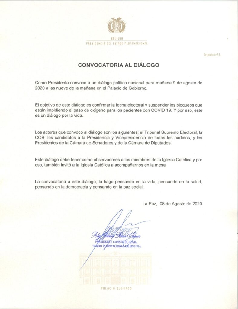 Jeanine Áñez convoca a diálogo político nacional por elecciones y bloqueos 1 llamar