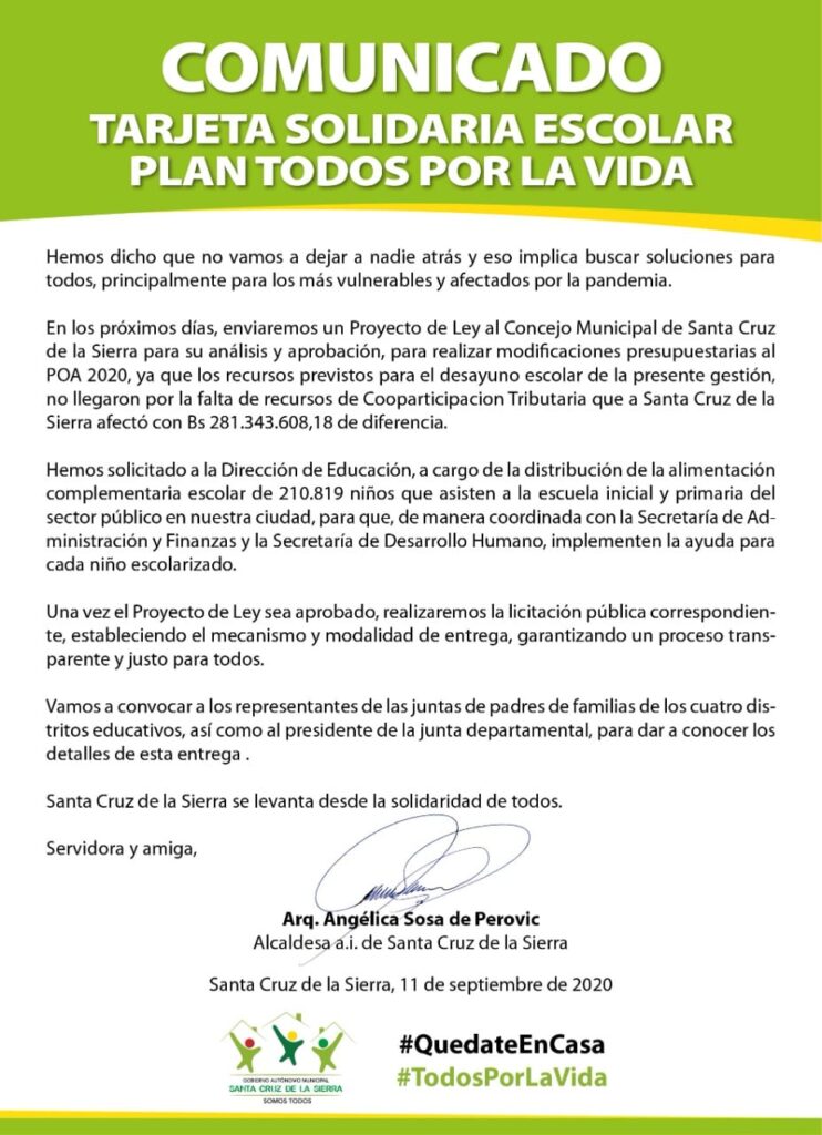Alcaldesa anuncia ayuda alimentaria a escolares con el dinero del desayuno no entregado 1 TARJETA ESCOLAR