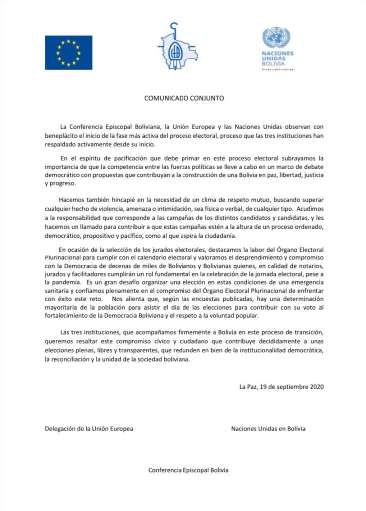 Unión Europea, Naciones Unidas e Iglesia de Bolivia destacan inicio de la campaña electoral 1 TRES