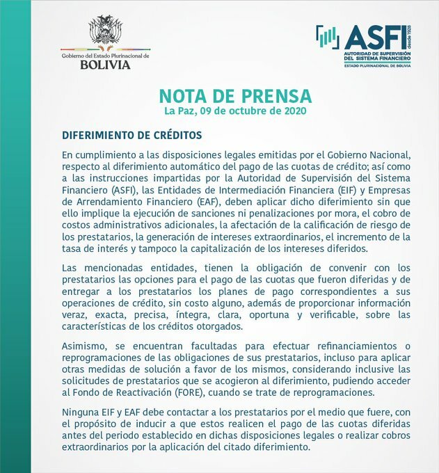 La ASFI advierte a bancos no imponer sanciones ni intereses por el diferimiento del pago de créditos 1 ASFI