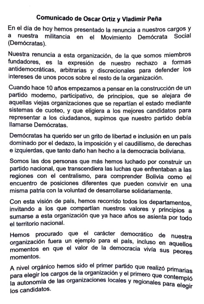 Ortiz y Peña dejan Demócratas por no acceder a candidaturas 1 carta 1