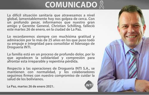 Christian Schilling: el líder de la farmacéutica más grande de Bolivia que no pudo vencer al Covid 19 1 MUERTE