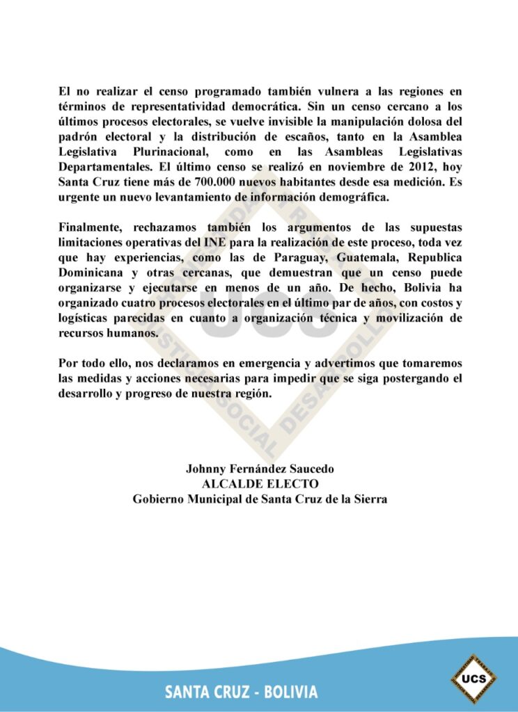 Alcalde electo Jhonny Fernández declara en emergencia a la ciudad por la postergación del censo: “Bloquea el desarrollo de Santa Cruz” 2 JONI 2