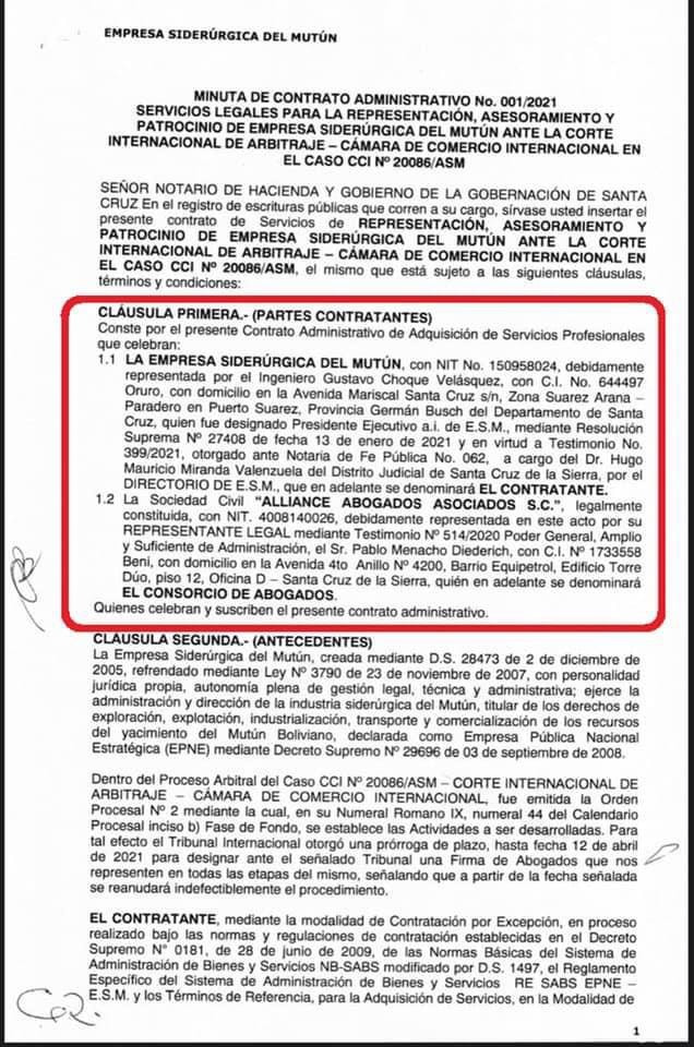 Yerko Núñez, exministro de Jeanine Áñez denuncia contratación millonaria del Mutún a bufete ligado a Héctor Arce 2 empresa 1