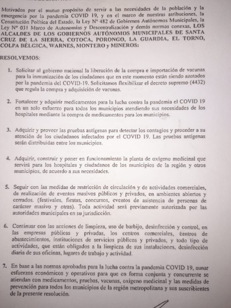 Municipios de la región metropolitana exigen al Gobierno liberar importación de vacunas contra el Covid 19 1 reso
