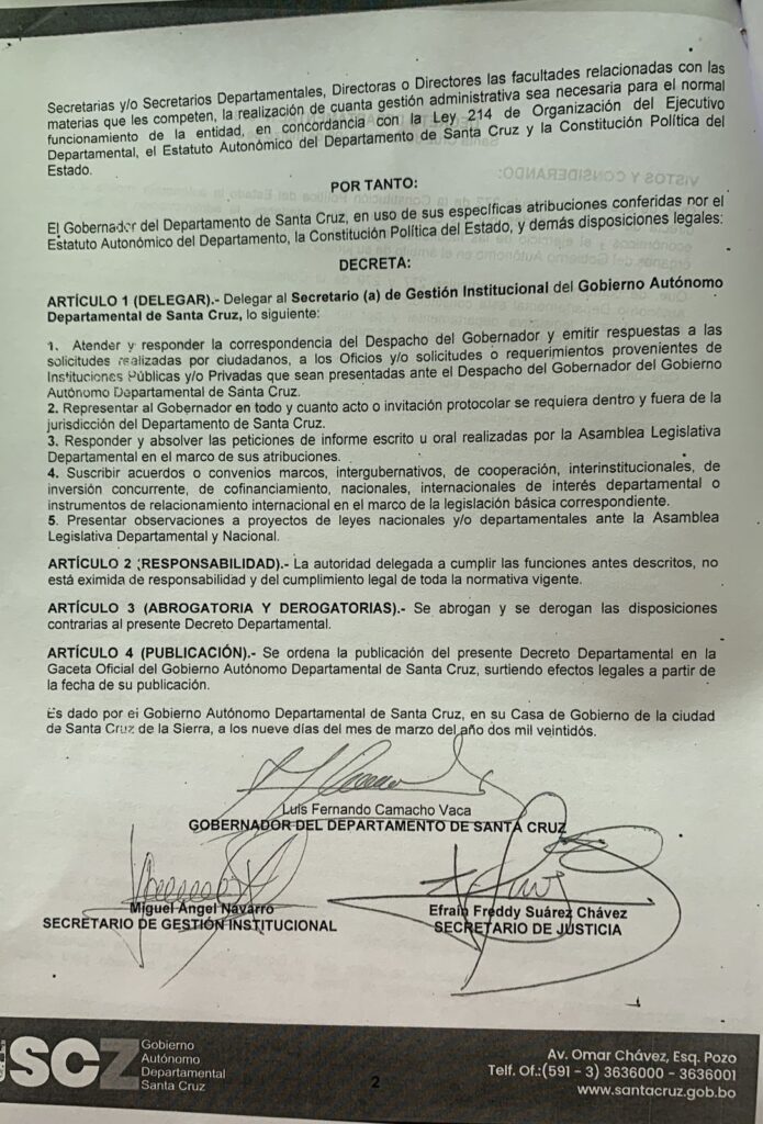 Camacho impone su delegado por decreto para relegar al vicegobernador electo 1 decreto