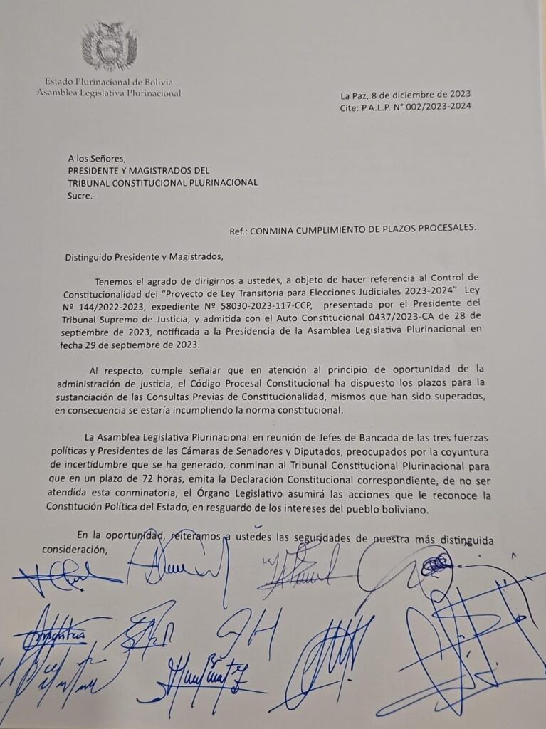 Legislativo otorga 72 horas al Tribunal Constitucional para emitir fallo sobre las judiciales 1 CARTA
