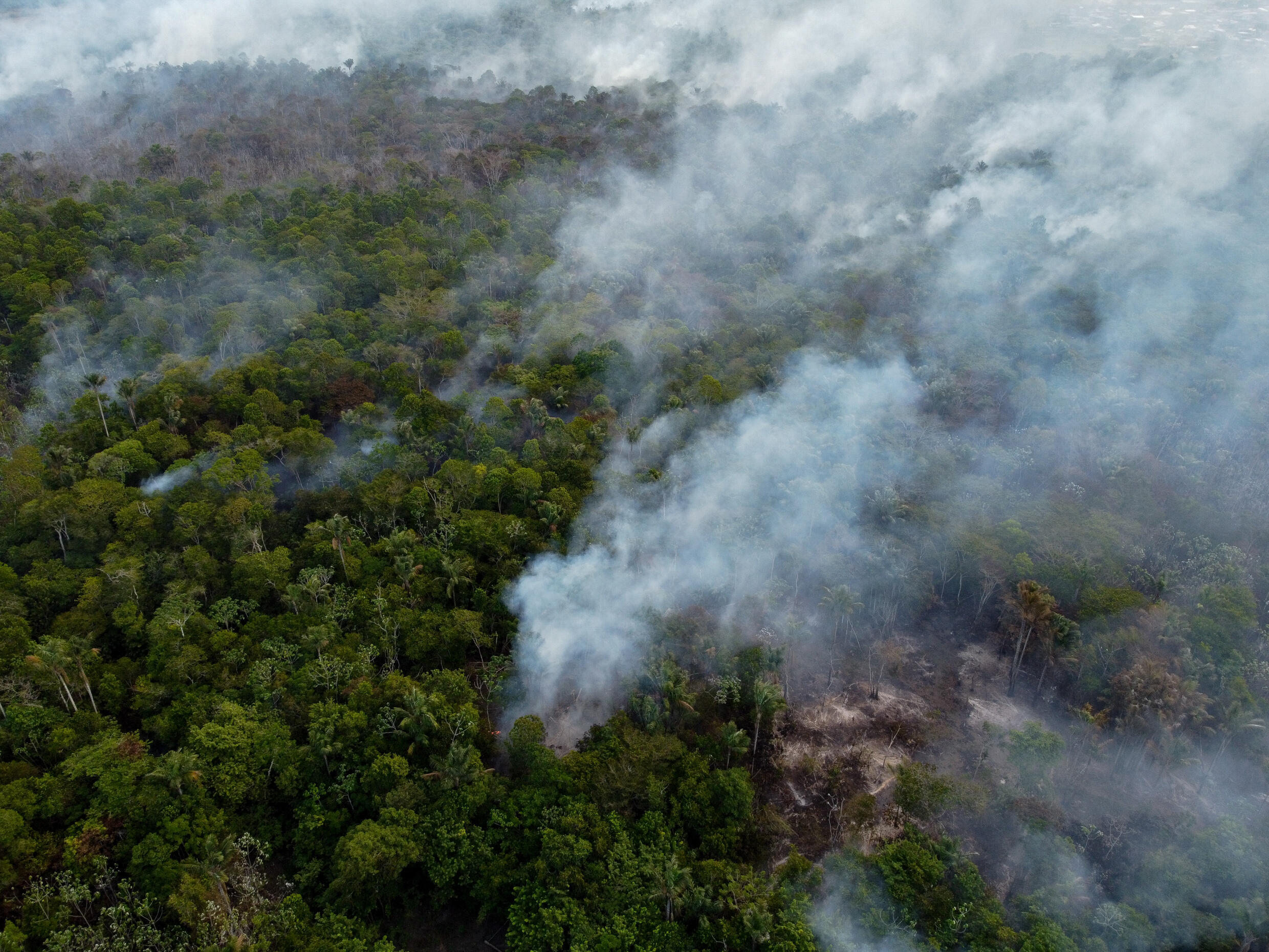 Brasil recibe la primavera con temperaturas más caliente en su historia 1 Vista aérea de un incendio en la selva amazónica en Iranduba, Amazonas, norte de Brasil, el 23 de septiembre de 2023.