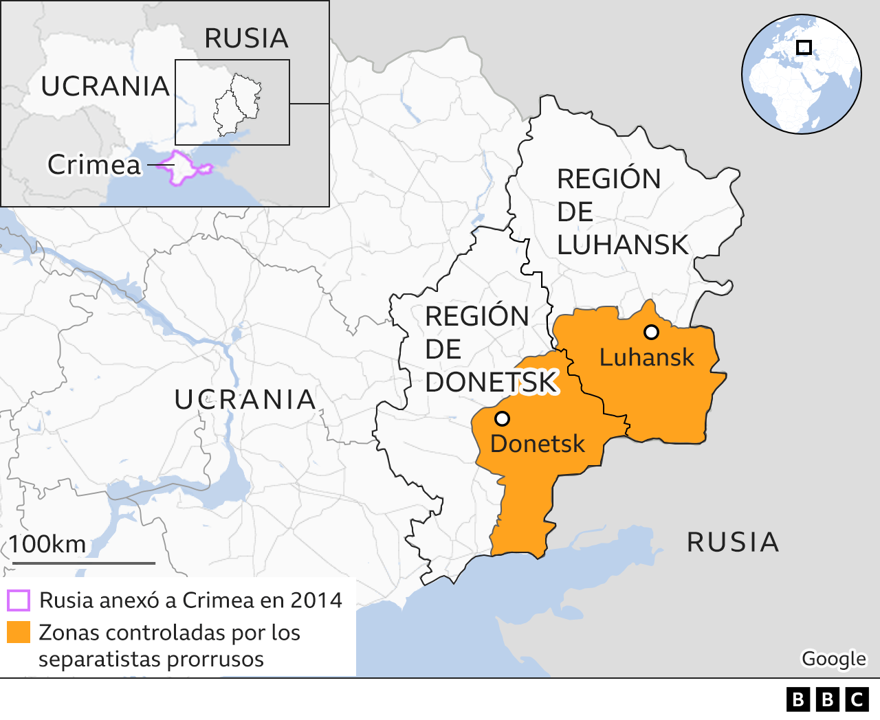 Rusia y Ucrania: 4 claves para entender el inicio de la operación de Putin 3 Mapa mostrando las regiones de Luhansk y Donetsk