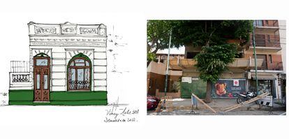 Buenos Aires derrumba su patrimonio arquitectónico europeo 1 La casa de Paulina Badaraco de Capdevila en el barrio porteño de Colegiales, dibujada por @ilustroparanoolvidar. A la derecha, la construcción que hoy ocupa esa parcela.