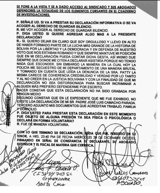 Camacho se declara orgulloso de haber formado parte de la lucha ‘más grande’ de la historia de Bolivia 1 declaracion camacho