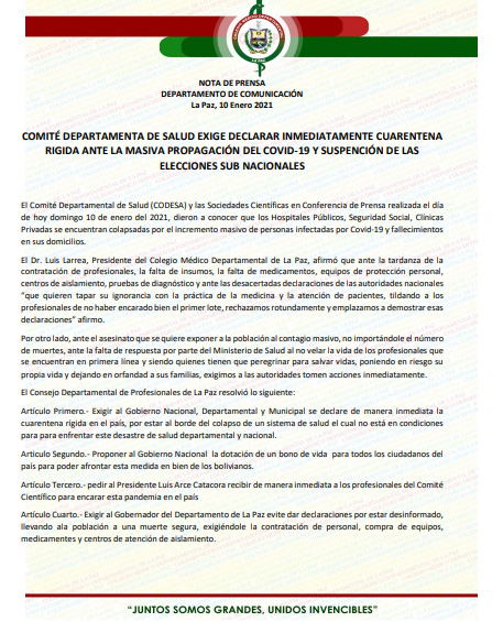 COVID 19: médicos exigen cuarentena y suspender elecciones; La Paz analiza nuevas medidas 2 hoja20uno 0