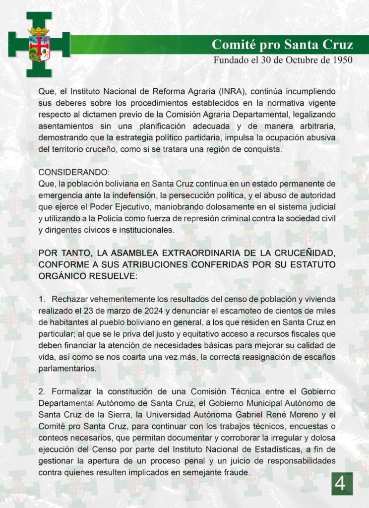Sin políticos, la Asamblea de la Cruceñidad decreta paro este viernes en rechazo a datos del Censo 2024; denuncia ‘fraude’ 3 VAL 1