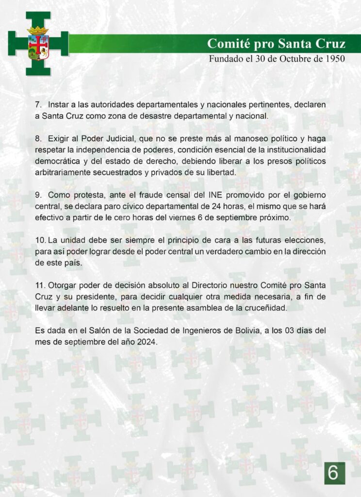 Sin políticos, la Asamblea de la Cruceñidad decreta paro este viernes en rechazo a datos del Censo 2024; denuncia ‘fraude’ 5 VAL 3