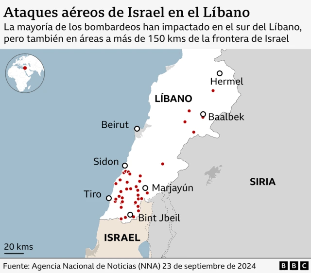 La ofensiva de Israel causa al menos 492 muertos en Líbano tras pedir la salida “inmediata” de civiles de zonas de Hezbolá 1 Mapa de los ataques de Israel en Líbano