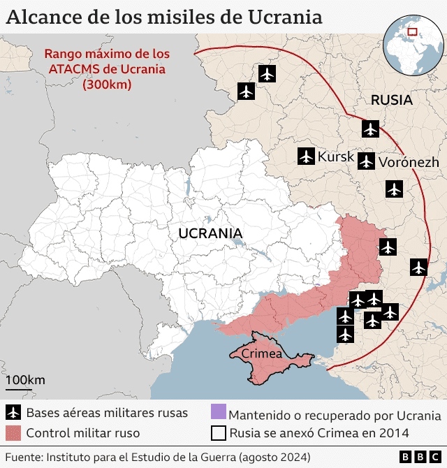 "Están echando leña al fuego": la furia de Rusia por la autorización de EEUU a Ucrania para usar sus misiles de largo alcance contra territorio ruso 2 Gráfico sobre el alcance de los ATACMS