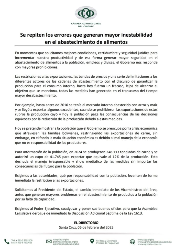 La CAO exige levantar el veto a la exportación de carne y ve un ‘manejo irresponsable’ en la medida 1 CARTA