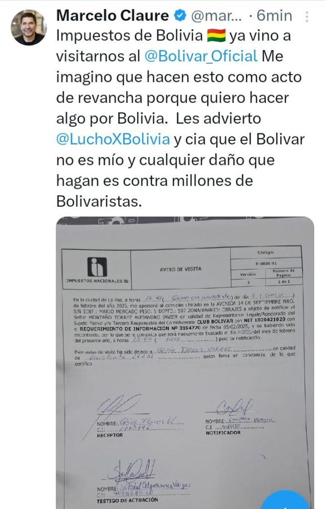Claure alerta que Impuestos Nacionales inspecciona a Bolívar y cree que puede ser represalia 1 chau