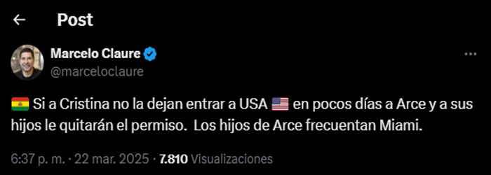 Claure cree que en pocos días EEUU quitará el permiso de ingreso a Arce y sus hijos 1 post claure