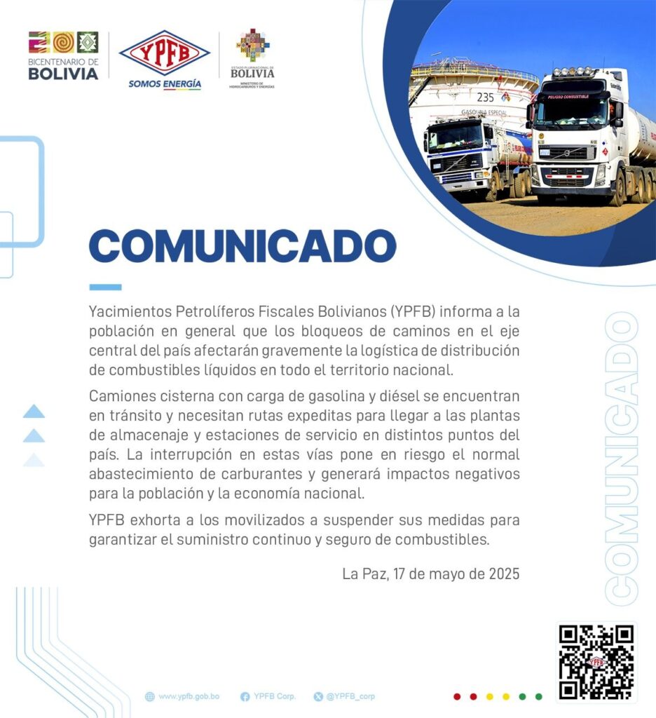 YPFB advierte que bloqueo de caminos en el eje central afectará distribución de combustibles 1 Bloqueos 2