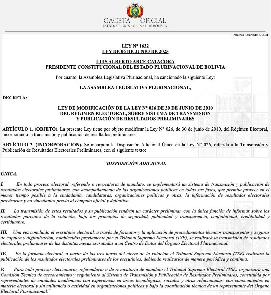 Luis Arce promulga ley de publicación de resultados electorales preliminares 1 Ley TREP