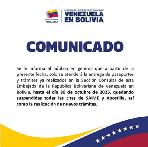 Venezuela reduce atención consular de su embajada en La Paz y cancela nuevas citas de migración 1 comunicado 12