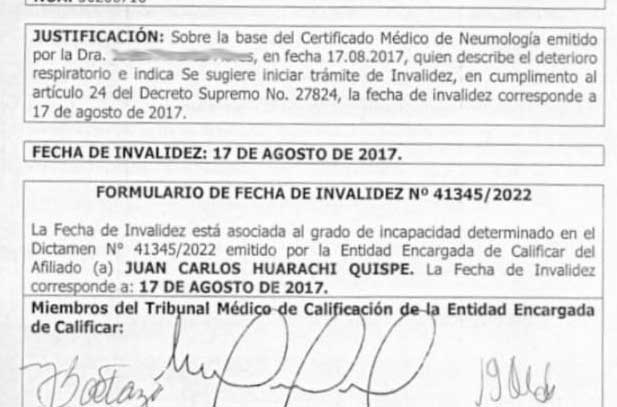 Revelan que Huarachi fue beneficiado con pensión de invalidez; denunciante sospecha y pide investigar 1 huiarachi certificado