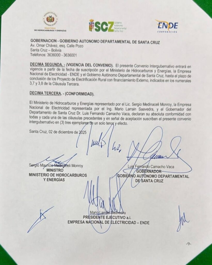 La Gobernación de Santa Cruz delega a ENDE la electrificación rural y reaviva el debate sobre la autonomía 3 tres