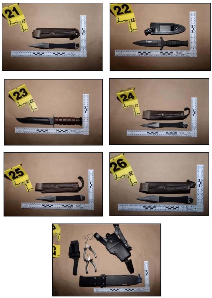 Los cuchillos y dagas que tenía Cole Allen, quien intentó asesinar a Trump. Foto Tribunal del Distrito de Columbia 