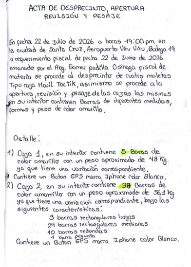 Caso del oro: documento oficial acredita 189,5 kilos en cuatro maletas y la Felcc desmiente desaparición de 22 kilos 1 acta 1