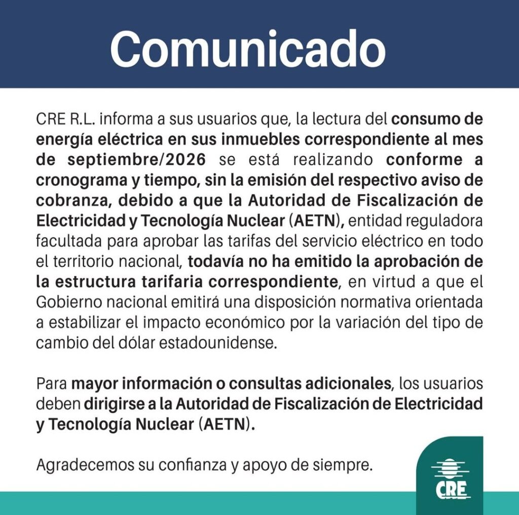 CRE realiza lectura de medidores, pero sin aviso de cobranza por falta de aprobación tarifaria 1 CRE